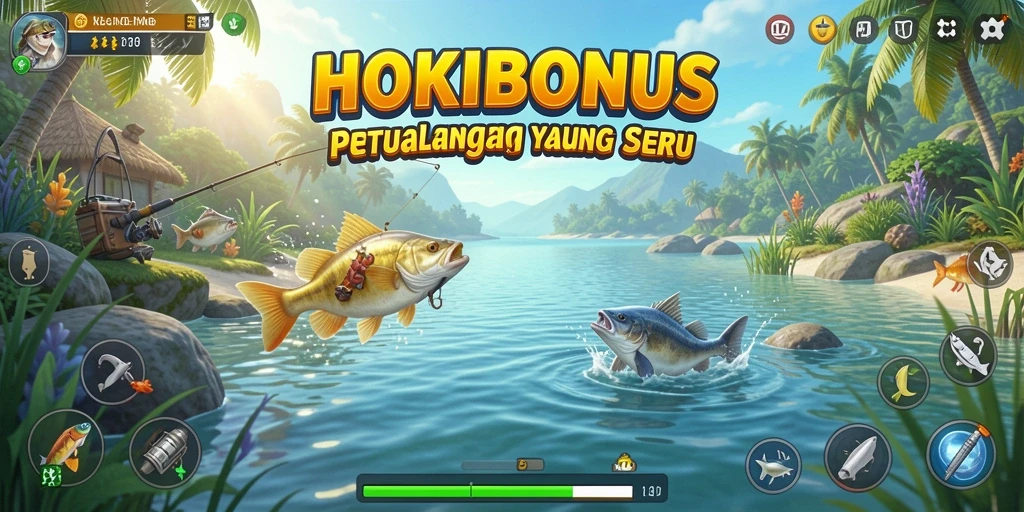 Tampilan gameplay <strong>HOKIBONUS</strong> dengan berbagai jenis ikan yang menunggu untuk ditangkap.