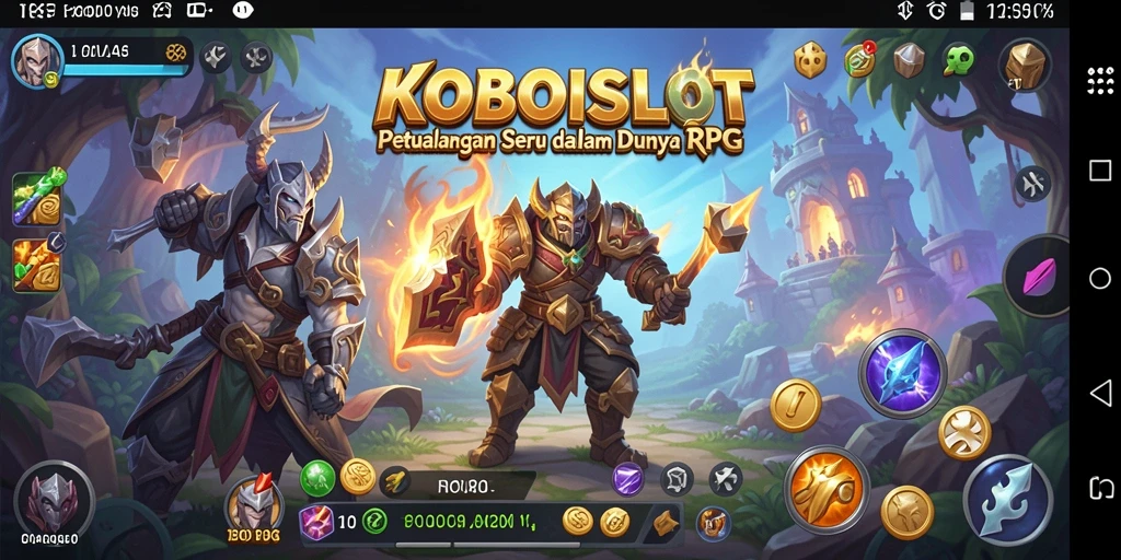 Screenshot gameplay KOBOISLOT yang menunjukkan pertarungan epik dan eksplorasi dunia fantasi.