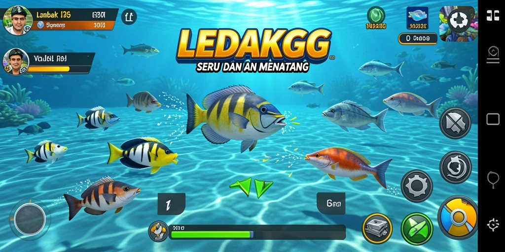 Screenshot LEDAKGG menampilkan aksi menembak ikan yang seru dan penuh warna.