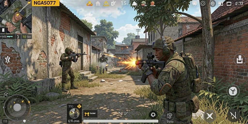Screenshot NGASO77 menampilkan aksi mendebarkan dalam pertempuran FPS.