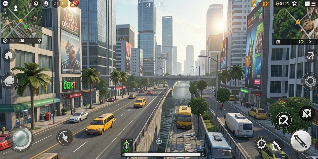 Screenshot gameplay OKJKT yang menampilkan pembangunan kota yang dinamis.