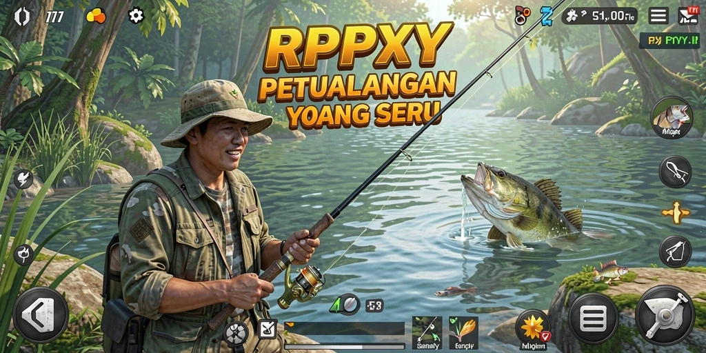 Tampilan gameplay RPYYY yang menawan saat memancing di alam terbuka.